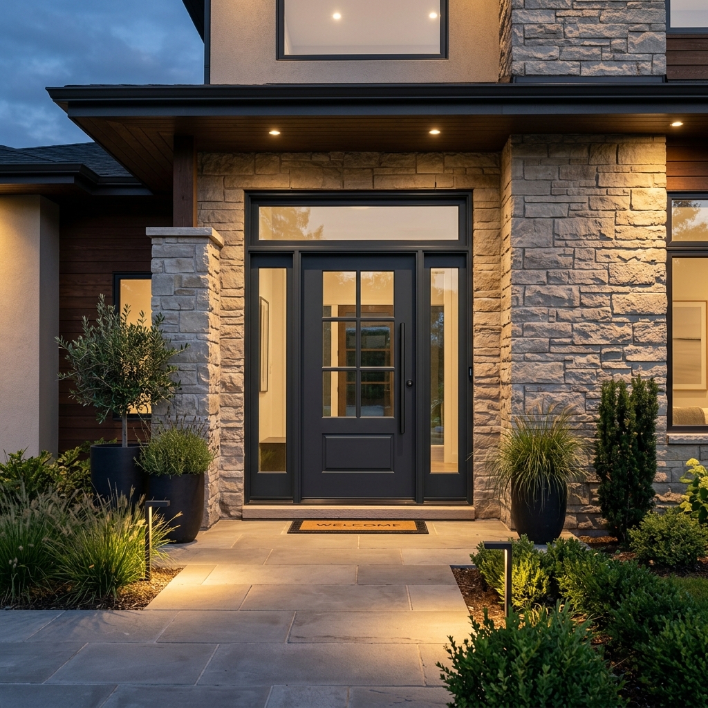 Modern entry door system with sidelights on a stone home exterior