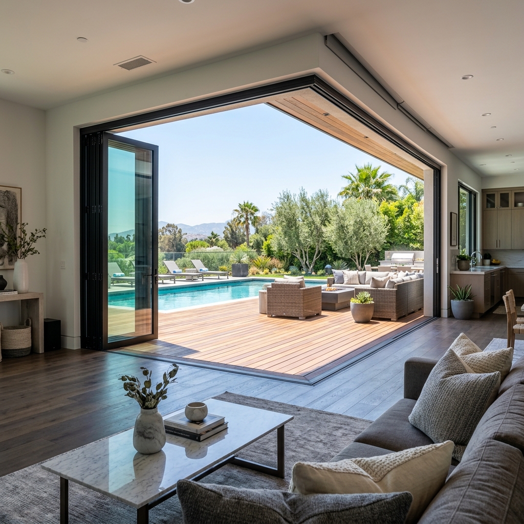 Bi-fold patio doors opening to an outdoor deck and pool