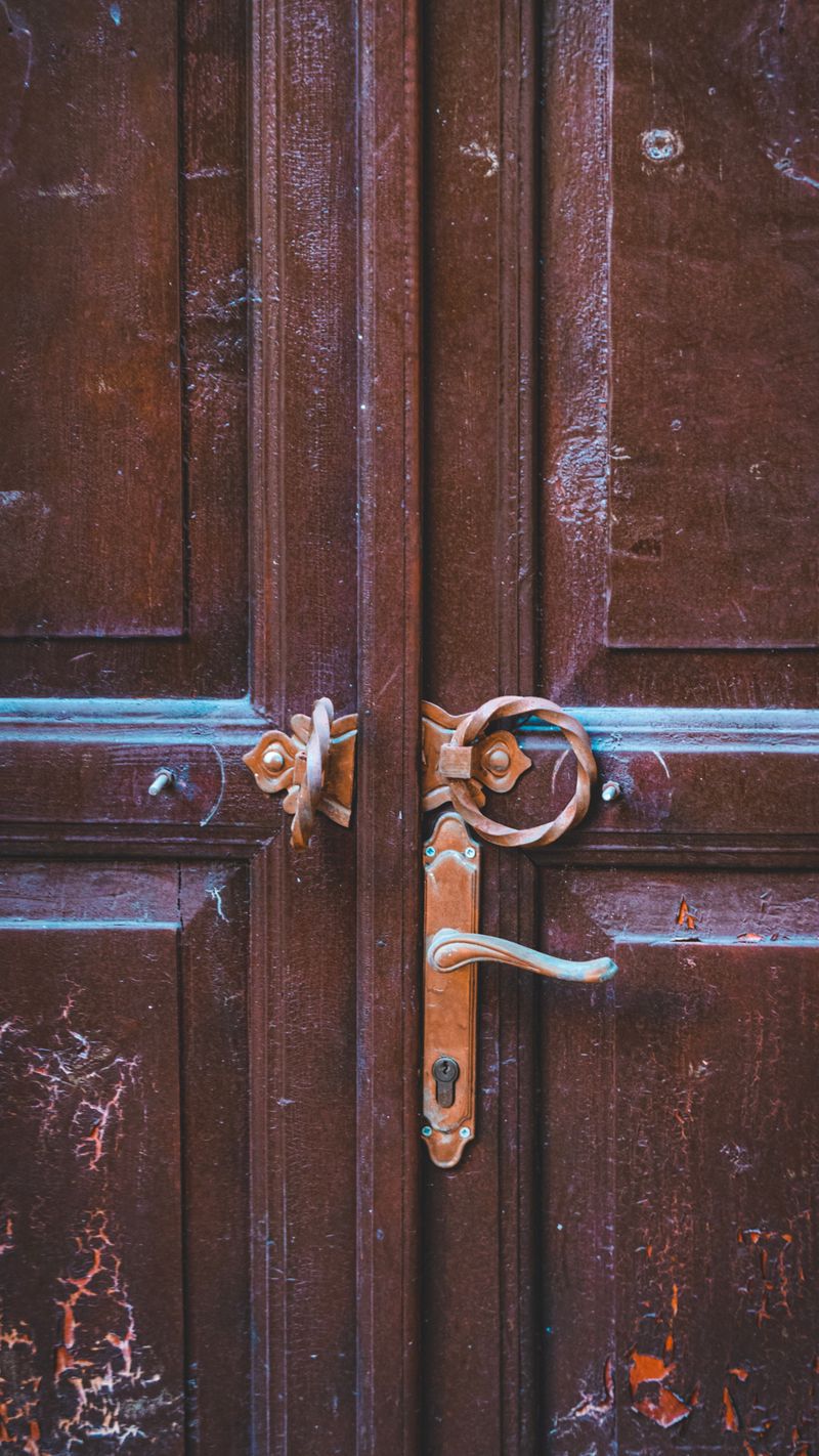 Door hinge and latch hardware on a wooden door