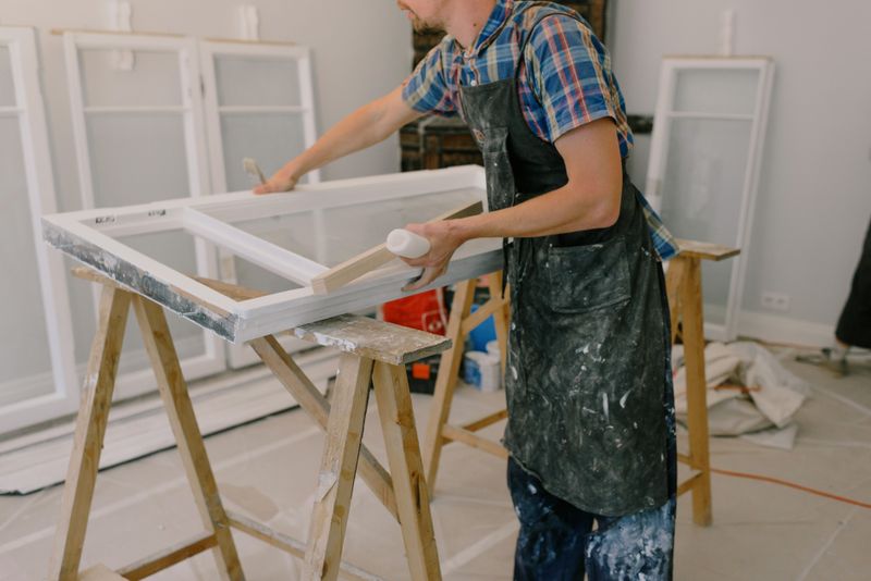 Craftsman repairing a window sash on a workbench