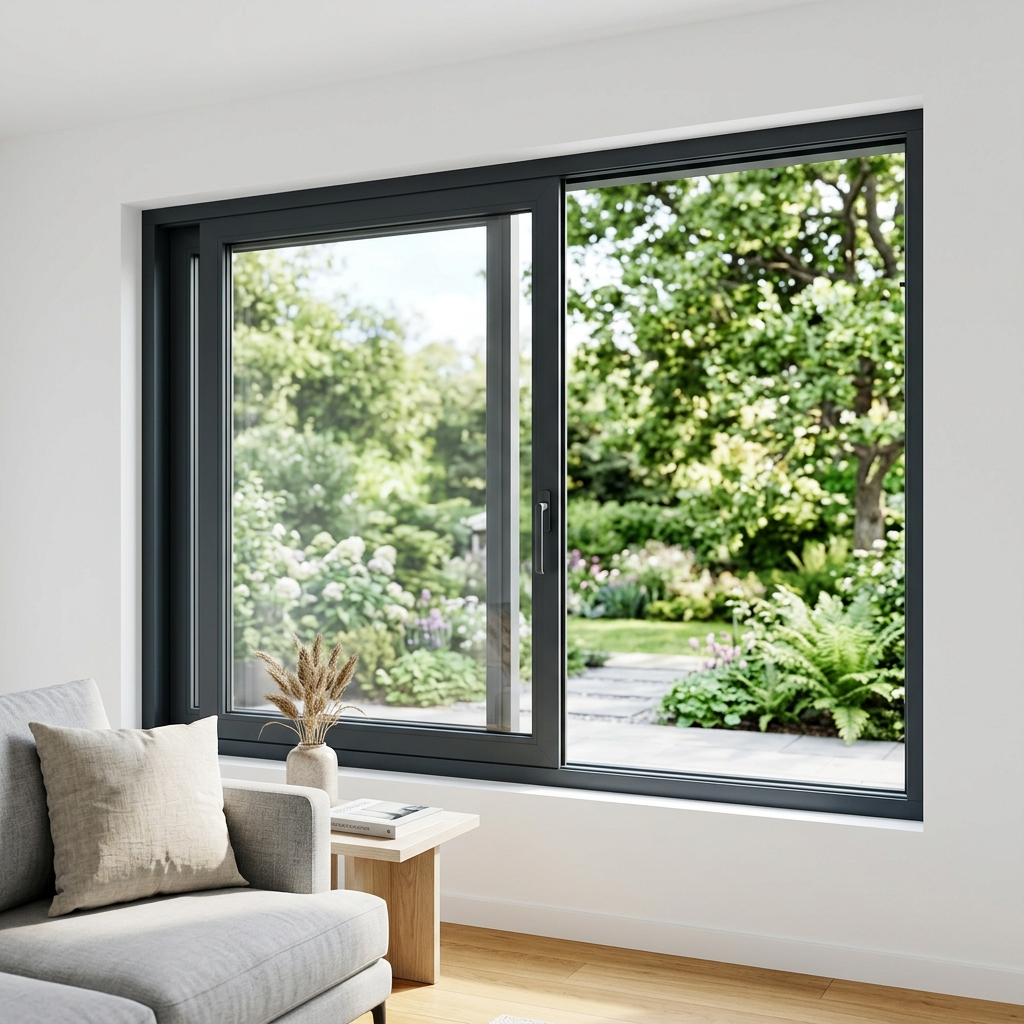 Sliding window with dual glide track overlooking a garden