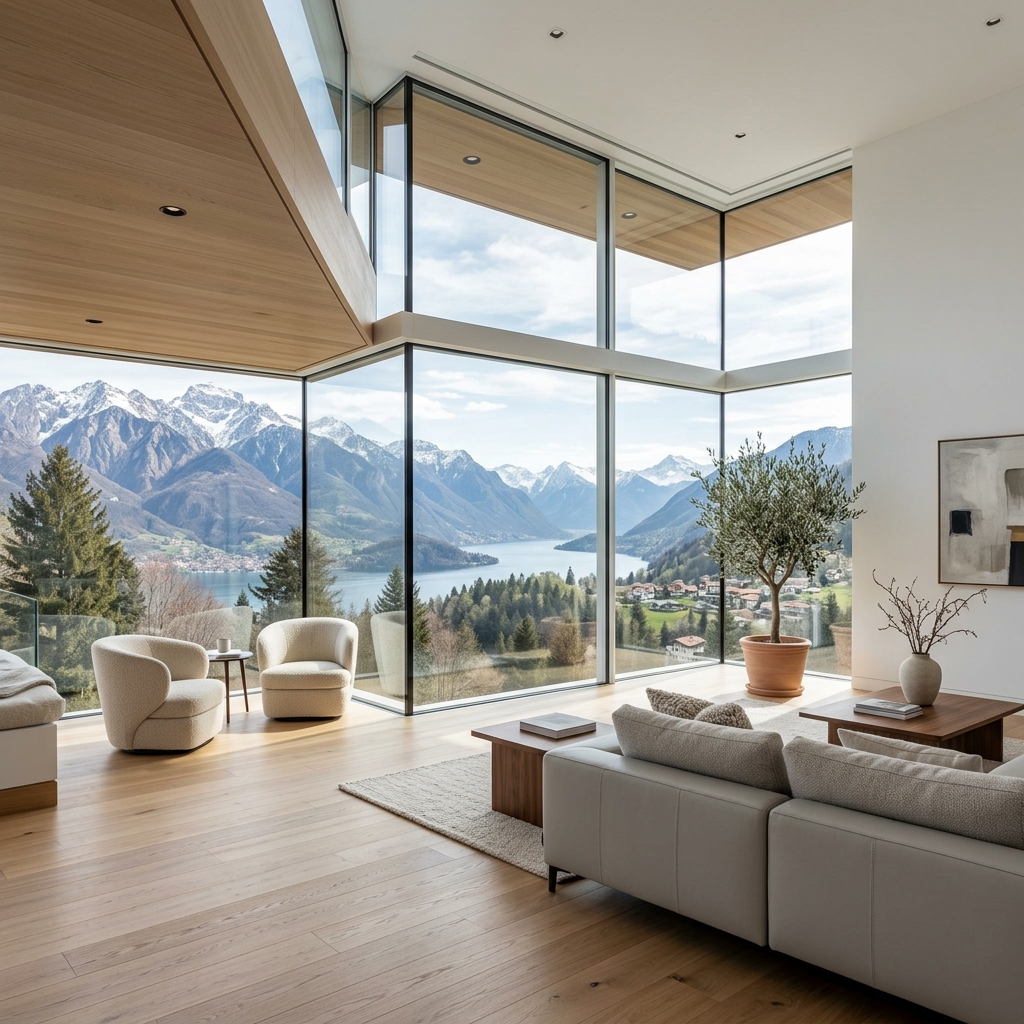 Panoramic casement windows with floor-to-ceiling mountain view